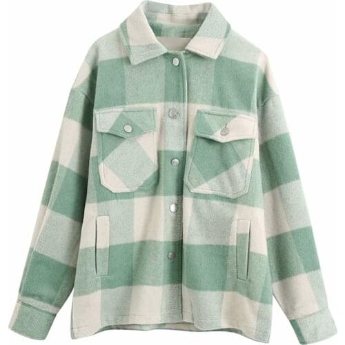 Plaid Jacket Women Vintage Stylish Pockets Oversized Coat 2021 New Lapel Collar Long Sleeve Loose Outerwear Chic Tops