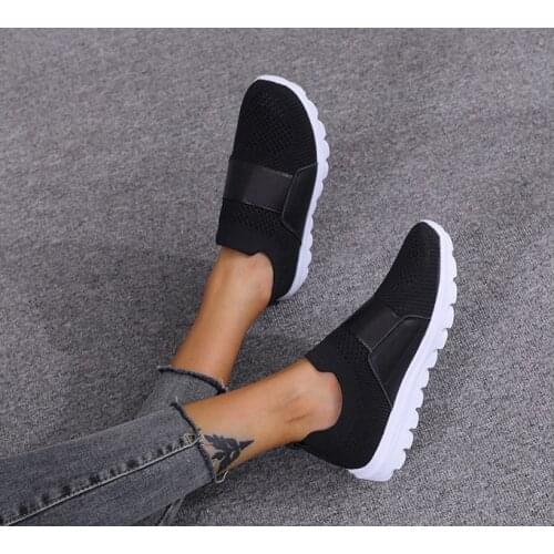 Womens Black Casual Flat Shoes, Light Sneakers, Sock Mesh Shoes, Flying Woven Breathable Walking Sneakers