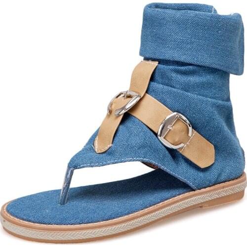 Denim sandals for women Roman clip toe open toe flat bottom belt buckle blue back zipper comfortable cool boots