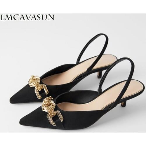 LMCAVASUN coherer Chain women dress shoes pointed toe thin heel women slingbacks