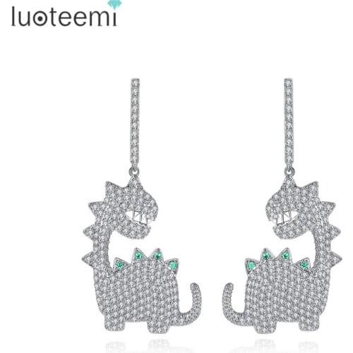 LUOTEEMI Cute Dinosaur-shaped Stud Earrings for Women Party Luxury Design Creative CZ Stone Two Colors Pendientes Christmas Gift