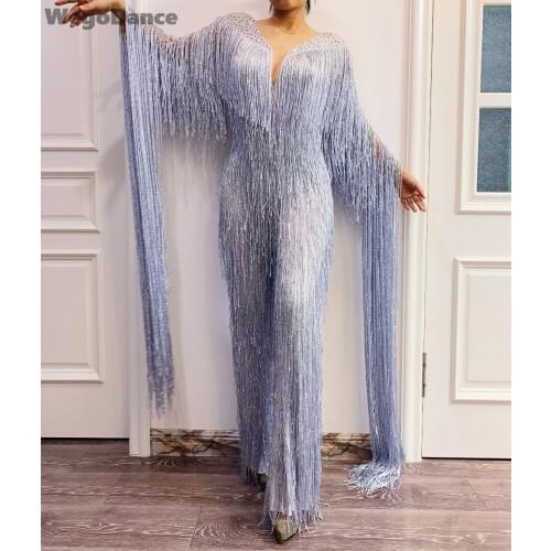 New Women Silver Gray Fringe Rhinestones Jumpsuit Birthday Celebrate Tassel Bodysuit Stage Dance Leggings Singer Dancer Costume