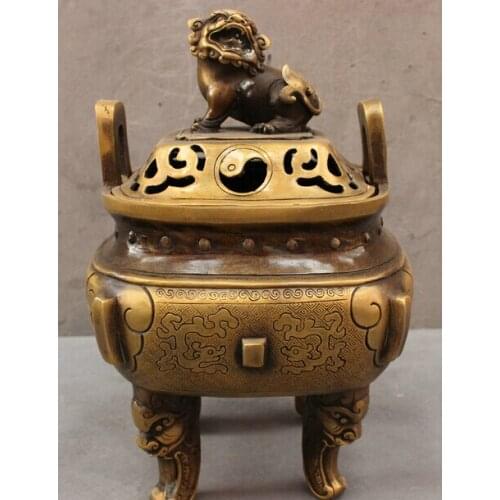Bi002251 11" Chinese Bronze FengShui Foo Fu Dog Lion Statue Box Incense Burner Censer