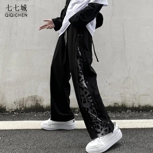 Mens Hip Hop Leopard Pants Patchwork Button Sweatpant Male Vintage High Street Harajuku Streetwear Baggy Trousers Unisex