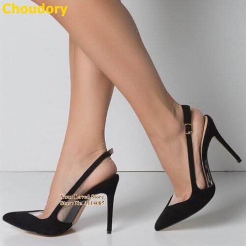 Choudory Clear PVC Patchwork Slingback High Heels Black Suede Pointe Toe Dress Pumps Stiletto Heel Women Gladiator Banquet Shoes