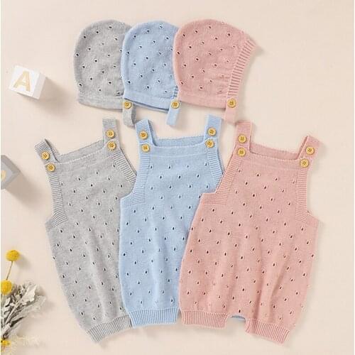 Baby Knitted Romper Set Infant Baby Boy Girl Spring Autumn Matching Sleeveless Suspender Jumpsuit+Solid Color Hat 2PCS Set