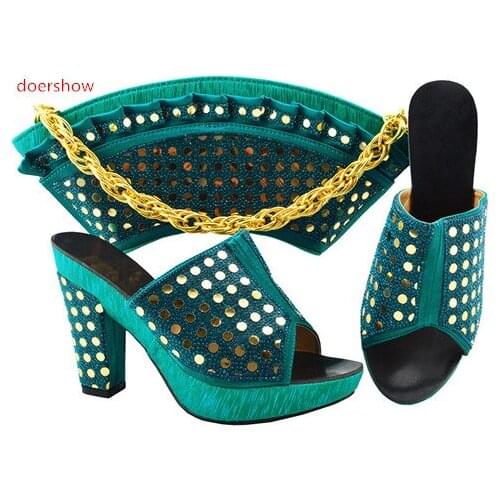 Doershow teal colorAfrican Shoes And Matching Bags Italian Design African Shoes And Bags Matching Set Women Shoe And Bag SFG1-38
