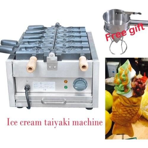 Electric 5 pcs Ice Cream Taiyaki Machine Open Mouth Fish Cone Maker