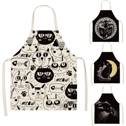 Black Cute Cartoon Cat Printed Moon Sleeveless Cotton Linen Aprons for Man Woman 66x47cm Home Kitchen Apron Cleaning Tools Bibs