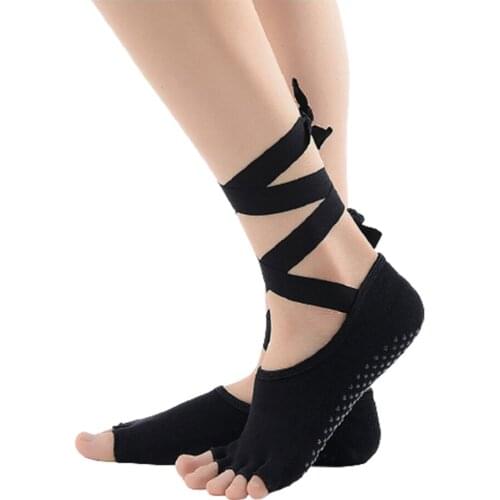 GOBYGO 1Pair Yoga Sock PVC Granular Five-finger Socks Open Toe Open Back Dance Socks Lace-up Non-slip Sports Socks Women Pilates
