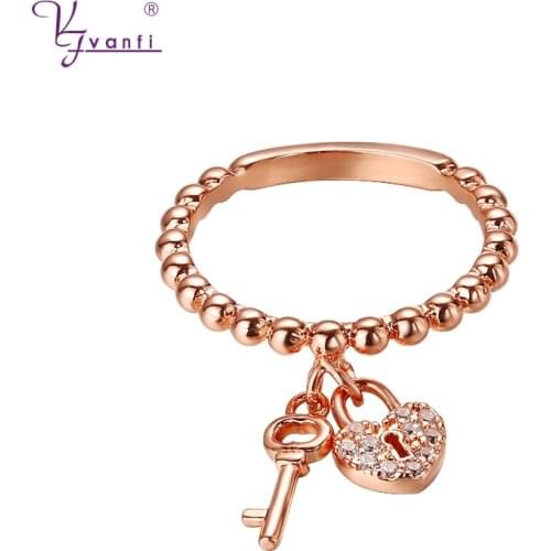 Kfvanfi Cute CZ Stone Finger Ring Gold Rose Gold Silver Color Lock And Key Ring Gift For Girls Ladies Women