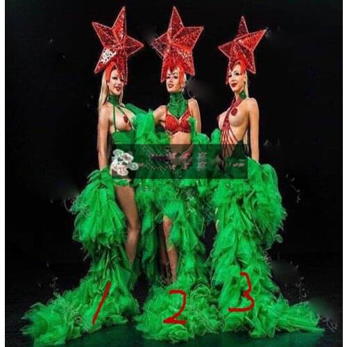 Bar GOGO sexy red pentagram green veil costume Christmas star costumes party girl stage show wears