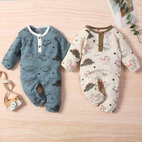 FOCUSNORM 0-18M Infant Baby Boys Girls Lovely Rompers 2 Colors Cartoon Dinosaur Printed Long Sleeve Button Jumpsuits
