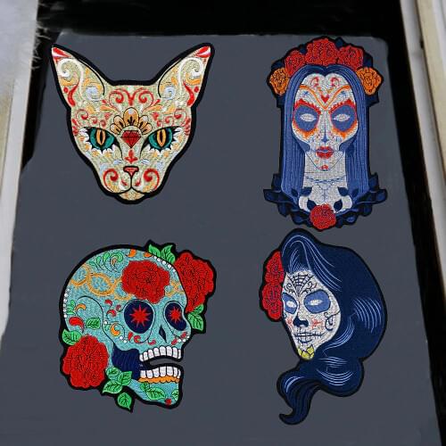Punk Rock Skull Embroidery Cat Patch Various Style Flower Rose Skeleton Witch Girl Iron On Biker Patch Clothes Sticker Applique