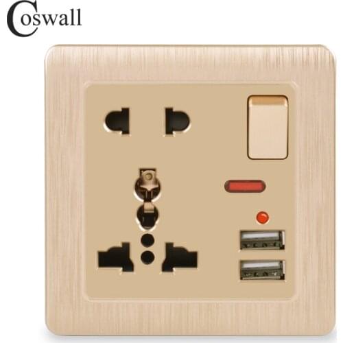 Coswall Wall Power Socket 13A Universal 5 Hole Switched Outlet 2.1A Dual USB Charger Port LED indicator Gold Color Brushed Panel