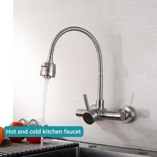 Wall Mounted Kitchen Faucet Stainless Steel 360 Degree Rotation Swivel Tap Pull Down Sink Spray Faucet Hot Cold Water Mixer Tap