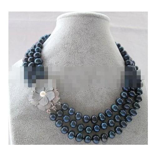 3row black round freshwater 9-10mm pearl necklace - shell clasp