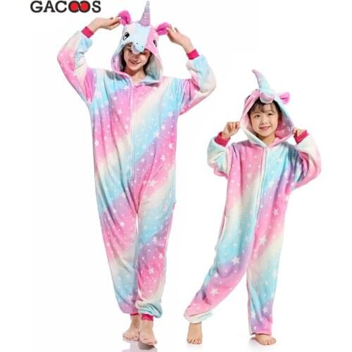 Kids Unicorn Pajamas For Women Kigurumi Onesie Anime Cartoon Winter Overalls Boys Girls Sleepwear Flannel Jumpsuit Stitch Panda