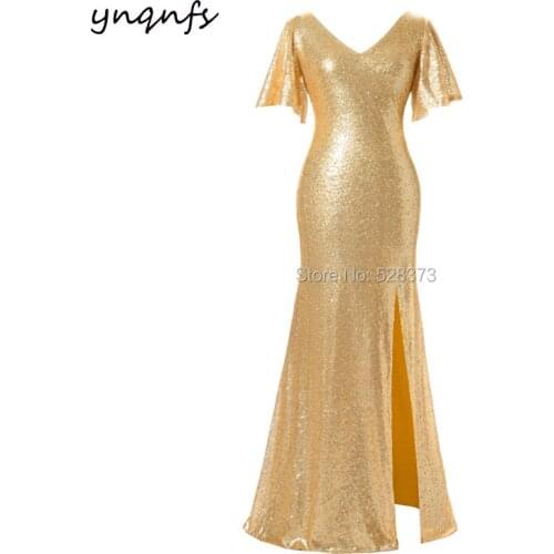 YNQNFS B29 Chic V Neck Cap Sleeve High Leg Slit Mermaid Sparkling Gold Party Gown Sequin Bridesmaid Dresses 2019