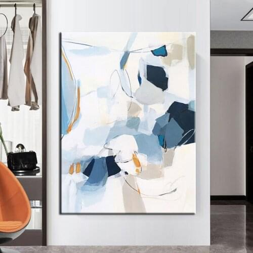 Modern 100% Hand Painted Oil Painting On Canvas Abstract Blue White Oil Painting Canvas Wall Art Living Room Decor No Framed