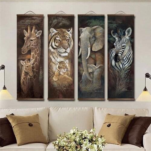 Tiger Giraffe Elephant Zebra Wall Art Canvas Print Animal Painting Posters for Living Room Decor No Frame