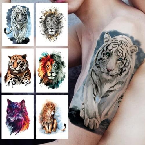 DIY Tiger Leopard Temporary Tattoos For Men Women Adult Fake Wolf Lion Tattoo Sticker Watercolor Animal Waterproof Tatoo Armband