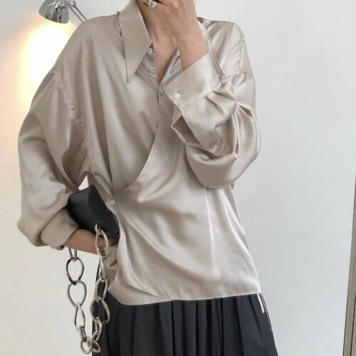 New spring and autumn Fashion Casual Long Sleeve Turn-down Simple Oblique Placket Color Loose Slim Shirt Top Women X353