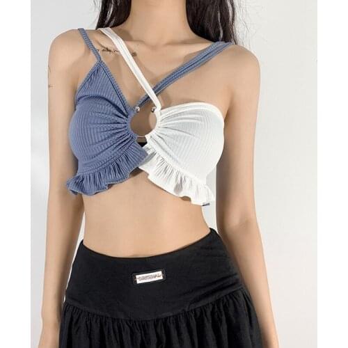 Womens Rib Knit Camisole Sleeveless Spaghetti Strap Color Block Front Hole Ruffle Trim Crop Cami Tops
