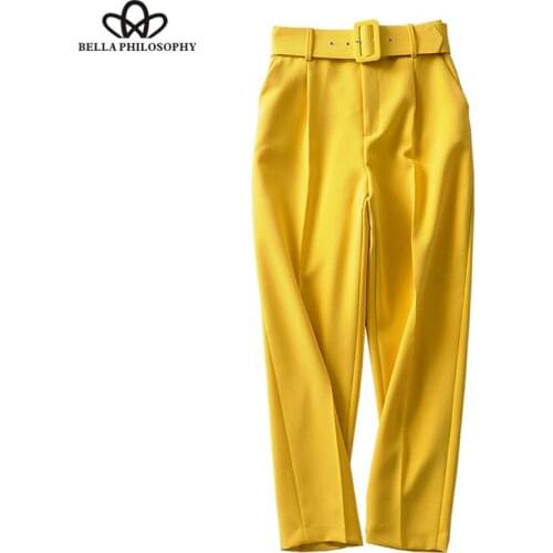 Bella Philosophy Stylish Pockets With Belt Suit Pencil Pants Women 2019 Fashion Waist Office Ankle Trousers Casual Pantalones