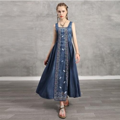 Summer Tank Denim Dress 2020 Vintage Women Sleeveless Embroidery Dresses Swing Hem Loose A line Sundress K82229 Female Vestidos