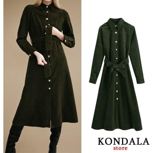 KONDALA Za Women Dress Office Lady Bow Sashes Corduroy A-Line Thick Winter Dress Single Breasted Mid-Calf Blazer Dress Mujer