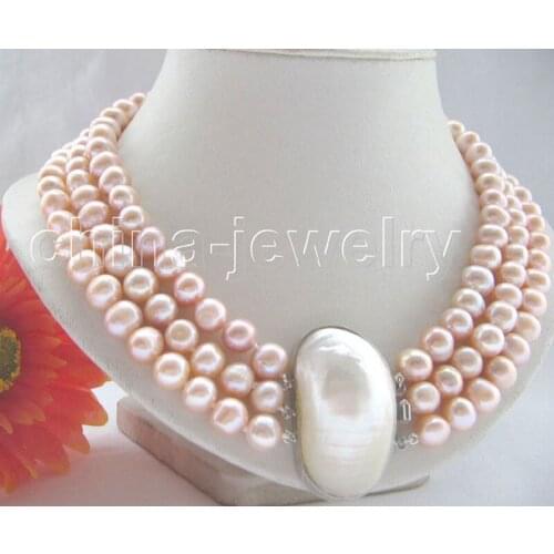 P4955-3row 17-19" 9-10mm natural pink round freshwater pearl necklace - shell