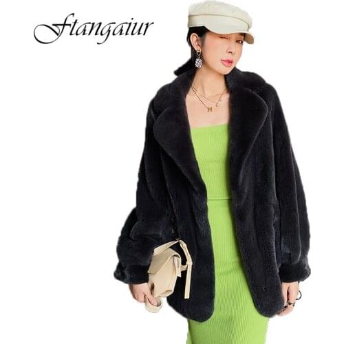Ftangaiur 2019 Winter Import Velvet Mink Fur Coat Turn-Down Collar Black Mink Coat Womens Medium Natural Real Mink Fur Coats