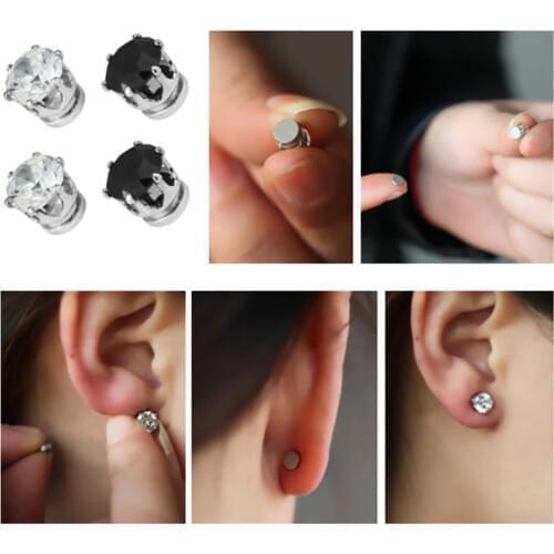 1 Pair Crystal Stone Stud Earrings For Women Men Earrings Clip White Black Magnetic Magnet Ear Stud Easy Use On No Ear Hole Gift