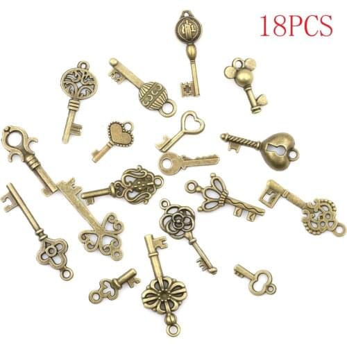 18pcs/sets Antique Vintage Old Look Bronze Ornate Skeleton Keys Lot Necklace Pendant Fancy Heart Decor DIY Craft Gifts