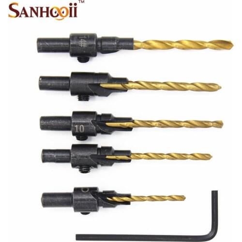 5PCS/Lot Wood Countersink Drill #6 #8 #10 #12 #14 HSS 1/4 Round shank Wood working Drill Bit Set Tools