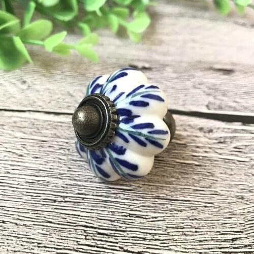 White and Blue Porcelain Ceramic Pumpkin Cabinet Knob Cupboard Drawer Pull Dresser Knob Leaf Like Hand Panited Handle