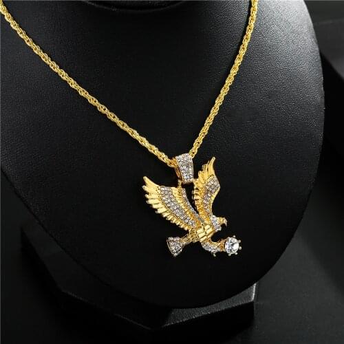 Personality Gold Plated Eagle Pendant Necklace Iced Out Chain Rhinestone Necklace Men Hip Hop Jewelry Fashion Accessories