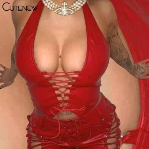 Cutenew Fashion Sexy Backless Hollow Out Bandage Solid Pu Leather Women Vest Summer Club Street Wild Slim Stretch Lady Crop Top