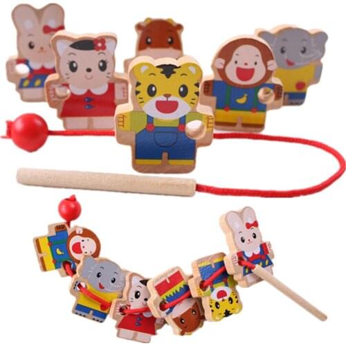 Wooden toys Baby DIY Toy Cartoon Animal Stringing Threading Wooden beads toy Monterssori Educational for Baby Kids Children