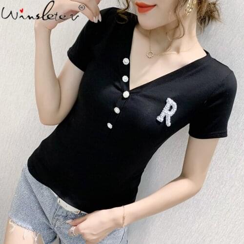 Summer Korean Style T-Shirt Sexy V-Neck Shiny Diamonds Button Cotton Women Tops Bottoming Shirt All Match Tees New 2021 T14701A