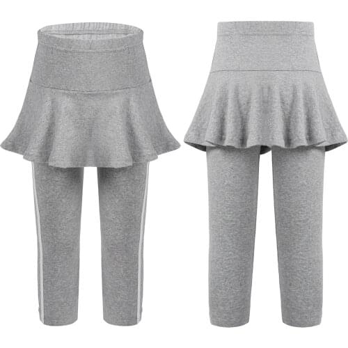 Kids Girls Cotton Fake 2 in 1 Skirt Pants Elastic Waistband Skirt Hem Stripes Print Side Leggings for Dance Running Skirt Pants