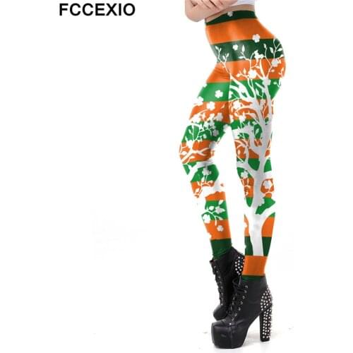 FCCEXIO New 3D Printed Lucky Clover Leggings Women Patricks Day Workout Fitness Leggins Plus Size High Waist Skinny Legging