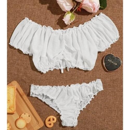 2021 Summer Women Sweet Sexy 2 Piece Set Mesh Lingerie Babydoll Sleepwear Pajamas Off Shoulder Solid Crop Top+Shorts Clothing