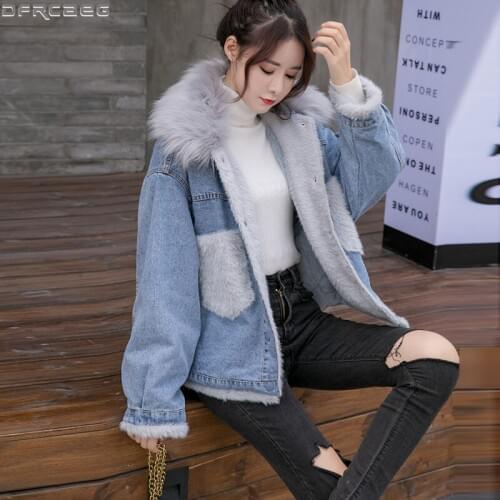 Fashion Streetwear Winter Denim Jacket Women Big Pocket Thick Velvet Lining Fur Jackets Coats Pink White Loose Veste Jean Femme