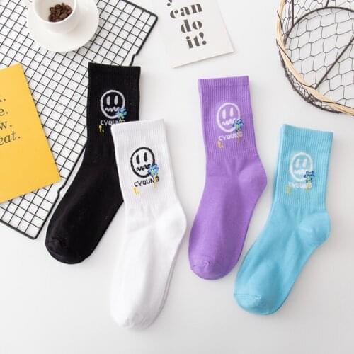 Fashion Funny Harajuku Little Devil Smiley Face Crew Socks Women Flower Couple Korea Cute Happy Street Sports Men Cotton Socks
