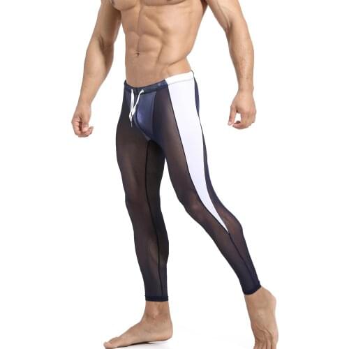 Men Long Pants Thin Nylon Transparent Sexy Underwear Men Tight Legging Long Johns Skinny Fitness Riding Sleep Bottoms Ice Silk