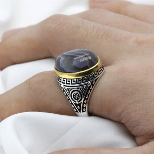 Mens Ring with Agate to Husband Gift 925 Sterling Silver Oval Natural Gemstone Rings Vintage Punk Carved Design Jewelry for Male