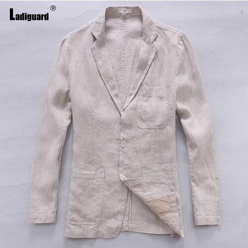 Ladiguard Mens Linen Blazers Spring Lapel Collar retro Jacket Sexy Fashion Tops Outerwear Autumn Casual Blazer Men Clothing 2021