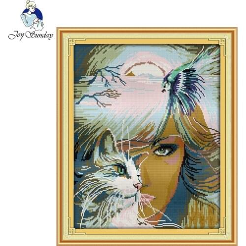 Joy Sunday Girl and cat Painting Counted Stamped Figure Cross Stitch Set DIY 11CT 14CT Cross Stitch Kits Embroidery Needlework